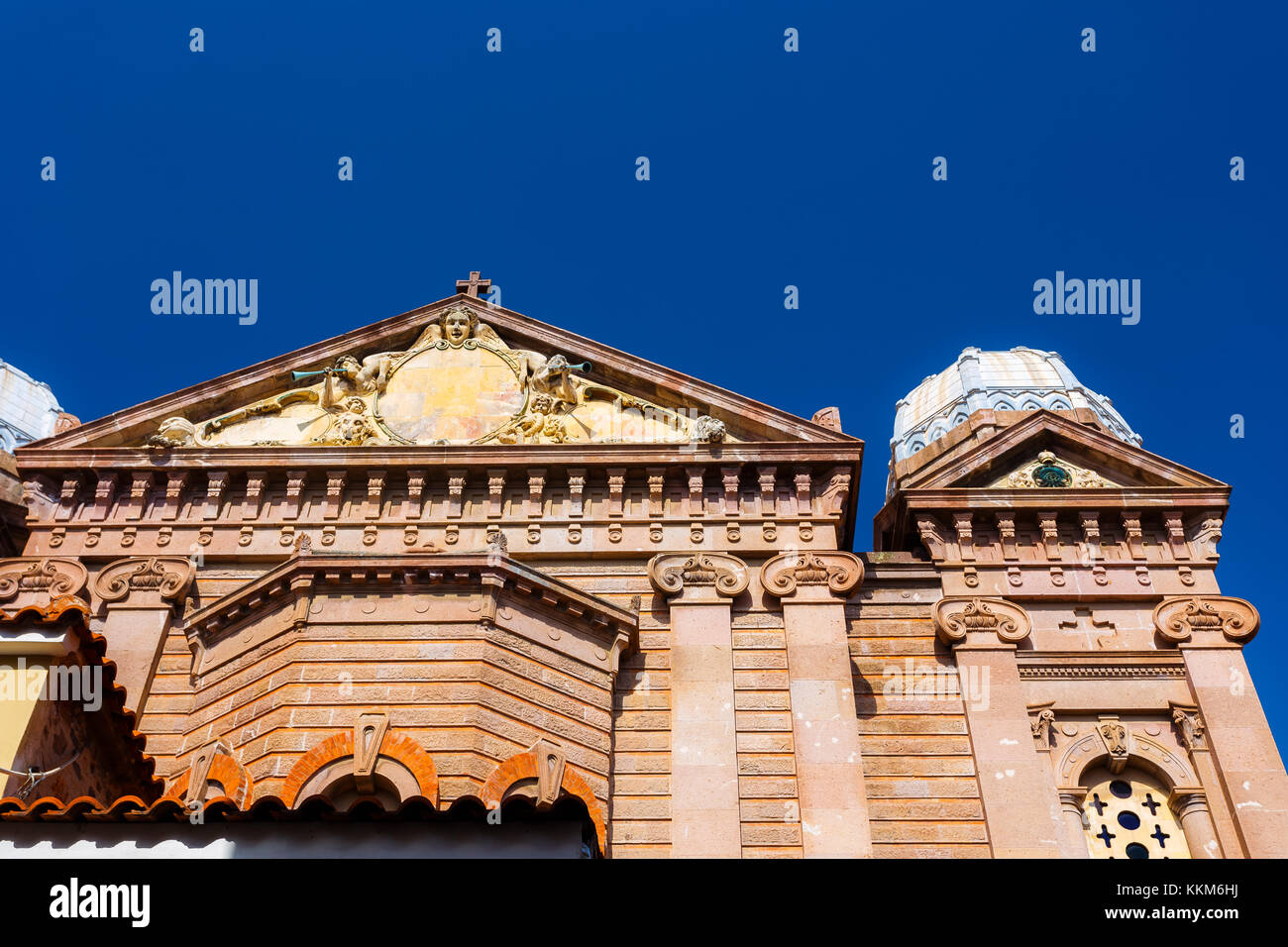 St Therapontas cathedral temple architectural details in the morning, against a clear sky in Mytilene, Lesvos island, Greece Stock Photo