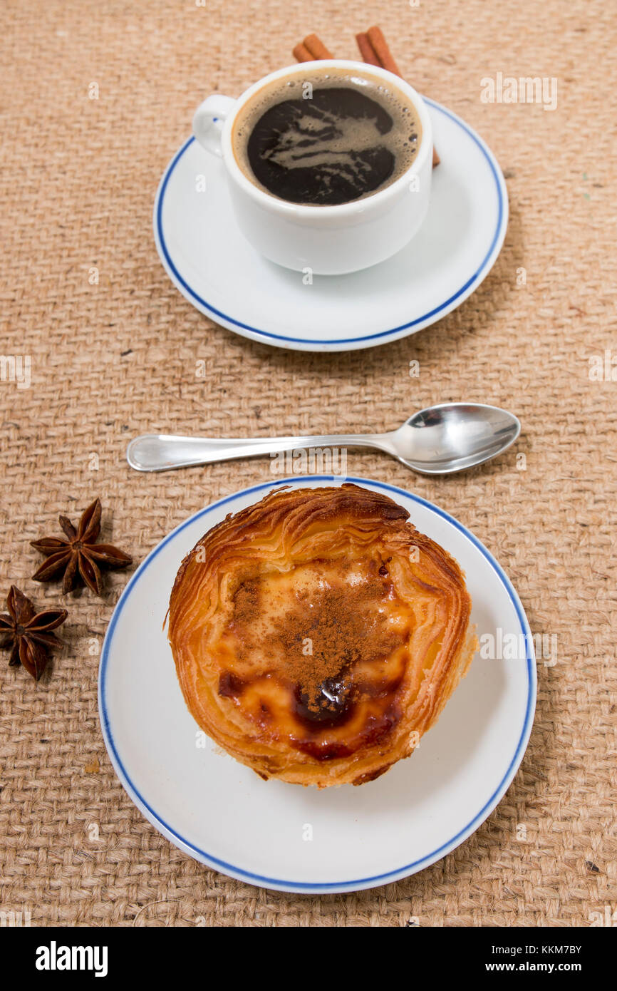 Typical Portuguese breakfast with expresso coffee and egg custard