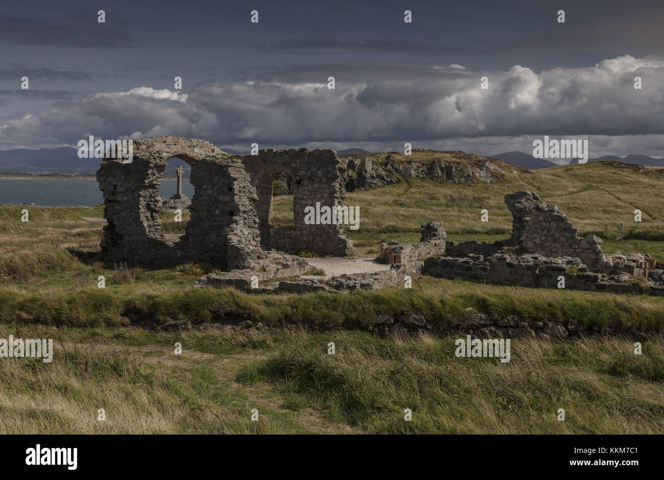 Remains of St Dwynwen's church on Ynys Llanddwyn island, Newborough Warren NNR, Anglesey, Stock Photo