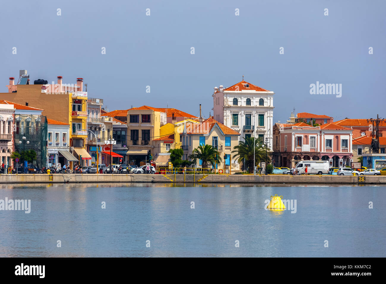 Panoramic shot of Mytilene town in Lesvos island, Greece.  Mitilene is the capital and port of the island of Lesbos and the North Aegean Region. Stock Photo