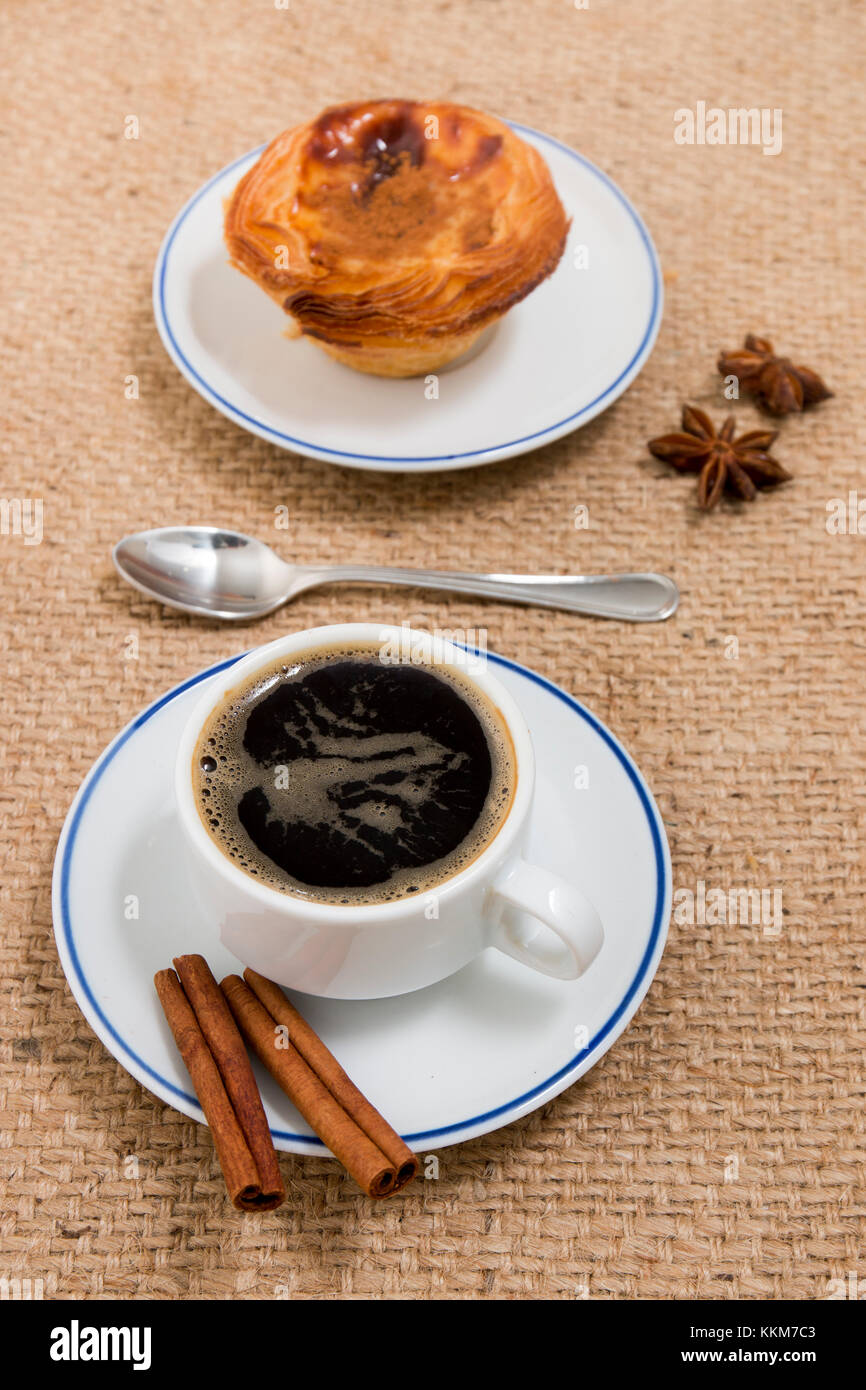 Typical Portuguese breakfast with expresso coffee and egg custard