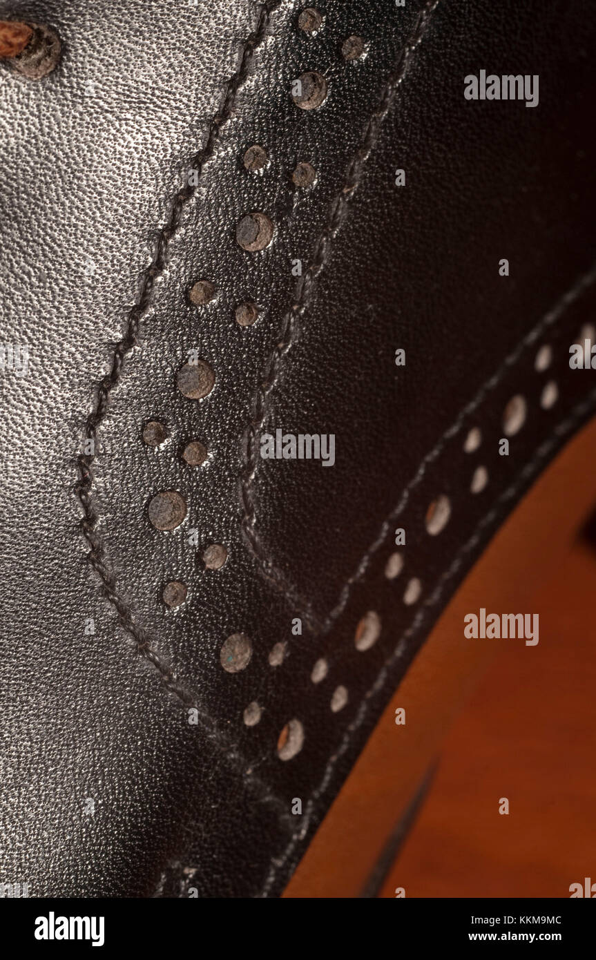Handmade leather shoe, seam, detail, close-up Stock Photo