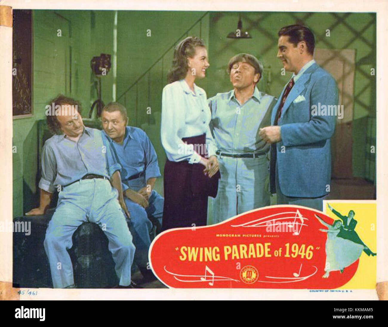 This is a lobby card for the 1930s swing era, typically used to promote the film 'Swing Parade'. It features iconic elements of jazz and swing culture popular during that time. Stock Photo