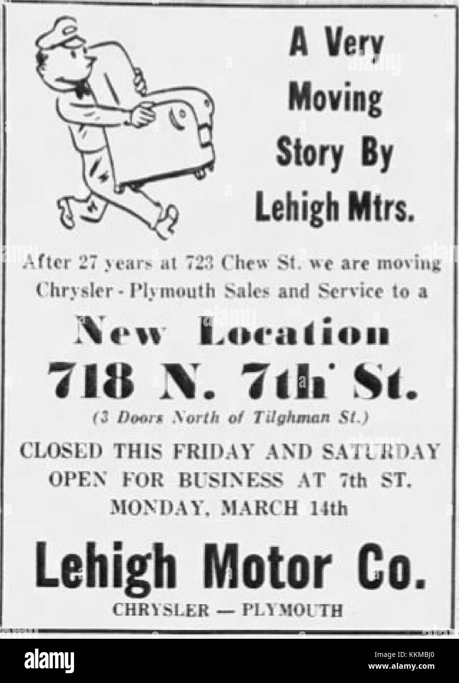 This image from 1955 shows the Lehigh Motor Co. in Allentown, Pennsylvania, capturing the era's automotive industry and local business scene. Stock Photo