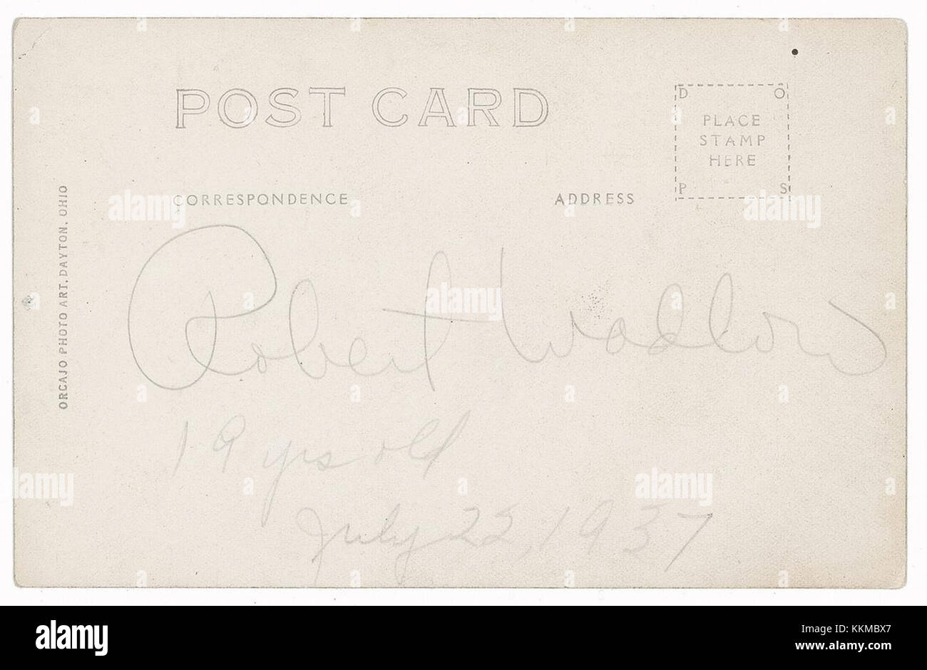 This is the address side of a postcard featuring Robert Wadlow, known as the tallest man in recorded history. His height, reaching 8 feet 11 inches, was due to a condition known as gigantism. Stock Photo