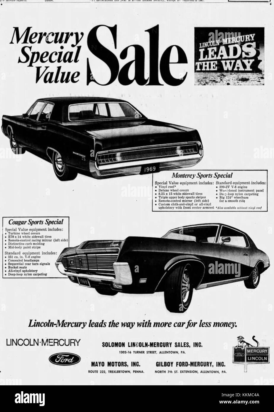 A promotional image from February 18, 1969, featuring a Lincoln-Mercury vehicle at a car show in Allentown, Pennsylvania. The image highlights the car model's design and its place in automotive history. Stock Photo