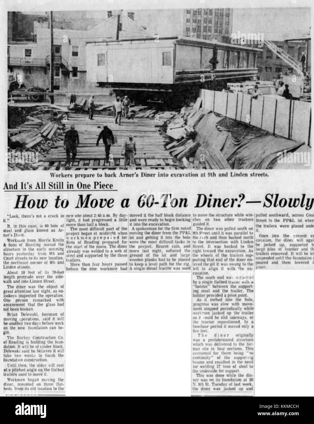 This photograph captures the moving of Arners Diner in Allentown, PA, on May 27, 1971. The diner, an iconic piece of local history, was relocated as part of a preservation effort to maintain its cultural significance. Stock Photo