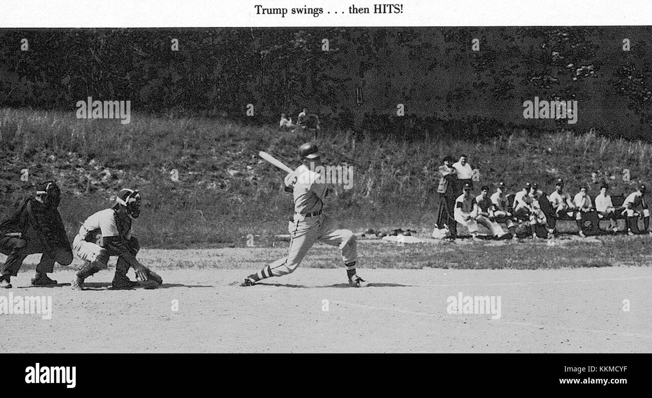 Donald Trump, the 45th President of the United States, is seen here participating in a baseball game. Known for his business ventures and political career, Trump has also been seen engaging in various leisure activities. The image captures a rare moment of his involvement in a casual, sports-related activity, showcasing his personality beyond politics and business. Stock Photo