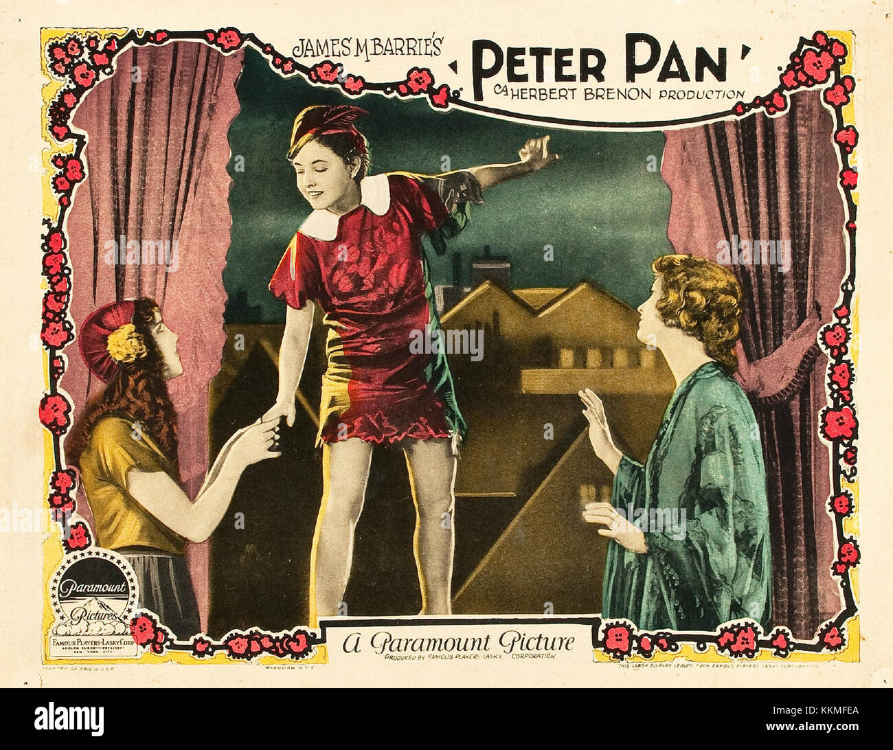 This lobby card features a promotional image from the 1953 Disney animated film *Peter Pan*. The iconic scene shows the main characters, including Peter Pan, Wendy, and Captain Hook. The film is a classic adaptation of J.M. Barrie's story about the boy who never grows up, highlighting themes of adventure and childhood imagination. Stock Photo