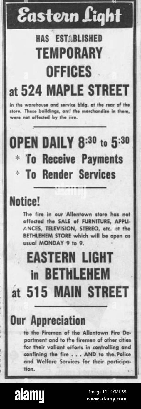 1961 - Eastern Light Fire - Fire Ad - 15 Oct MC - Allentown PA Stock ...