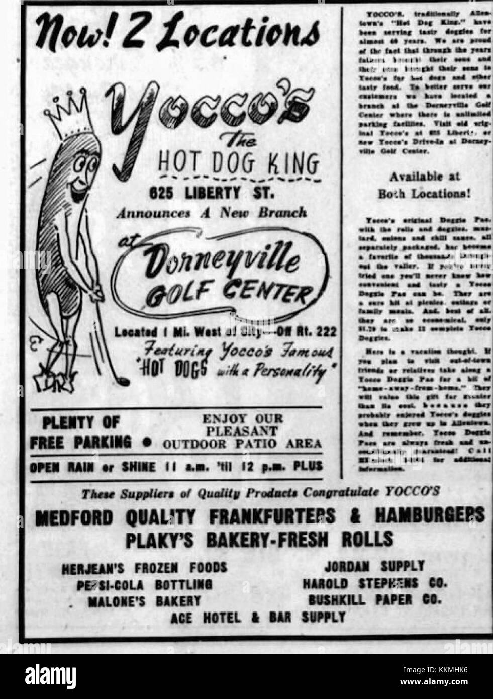 A promotional image for Yocco's Hot Dogs, dated June 25, 1958, featuring an advertisement for the iconic restaurant in Allentown, Pennsylvania. The image captures the classic American fast food establishment known for its hot dogs. Stock Photo