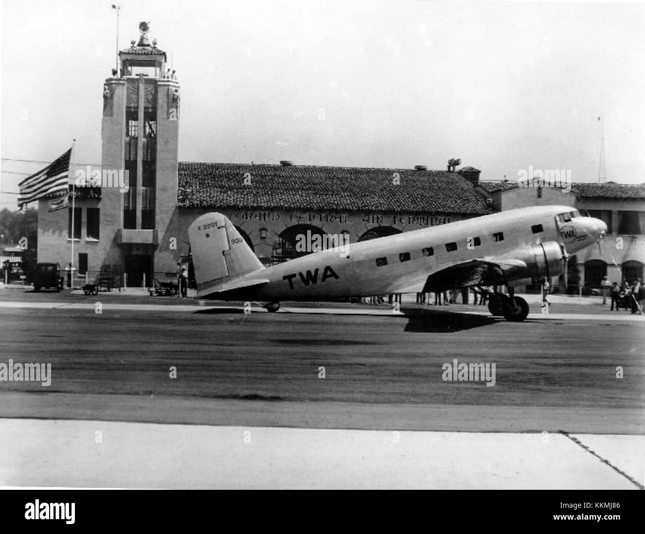 The Douglas DC-1, a pioneering aircraft in aviation history, is pictured at the Grand Central Air Terminal in 1933. The DC-1 was one of the first successful commercial airliners and marked a significant milestone in air travel development. Stock Photo