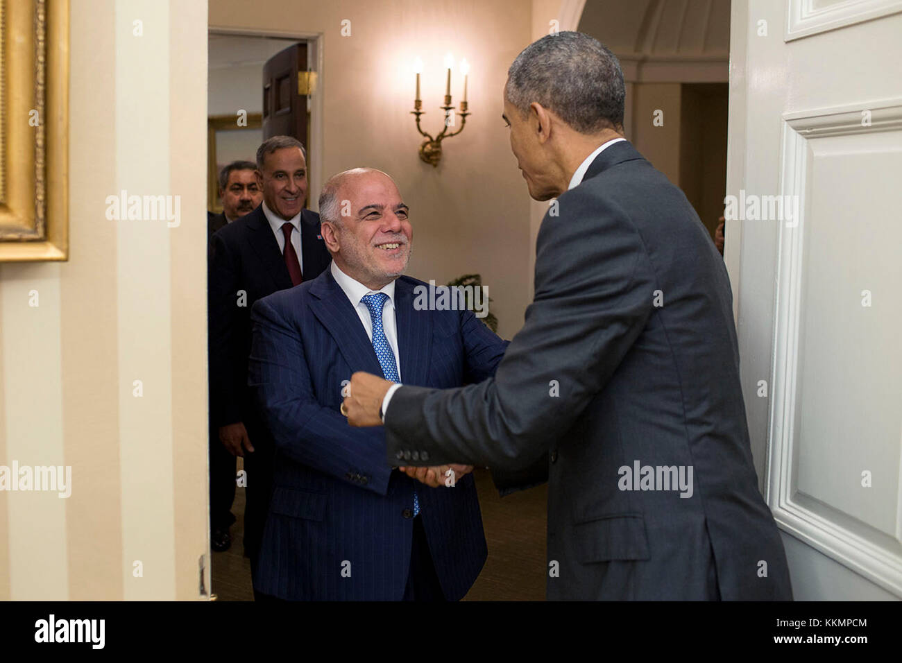 President Barack Obama greets Prime Minister Haider al-Abadi of Iraq ...