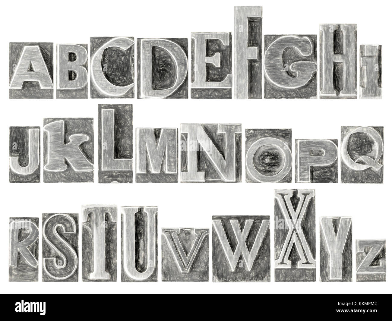 English alphabet set a collage of 26 isolated letters in letterpress