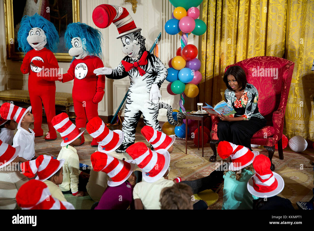 First Lady Michelle Obama hosts local students for a special reading of Dr. Seuss's  'Oh, The Things You Can Do That Are Good for You: All About Staying Healthy,' during a 'Let's Move!' event in the East Room of the White House, Jan. 21, 2015. (Official White House Photo by Lawrence Jackson)  This official White House photograph is being made available only for publication by news organizations and/or for personal use printing by the subject(s) of the photograph. The photograph may not be manipulated in any way and may not be used in commercial or political materials, advertisements, emails, p Stock Photo