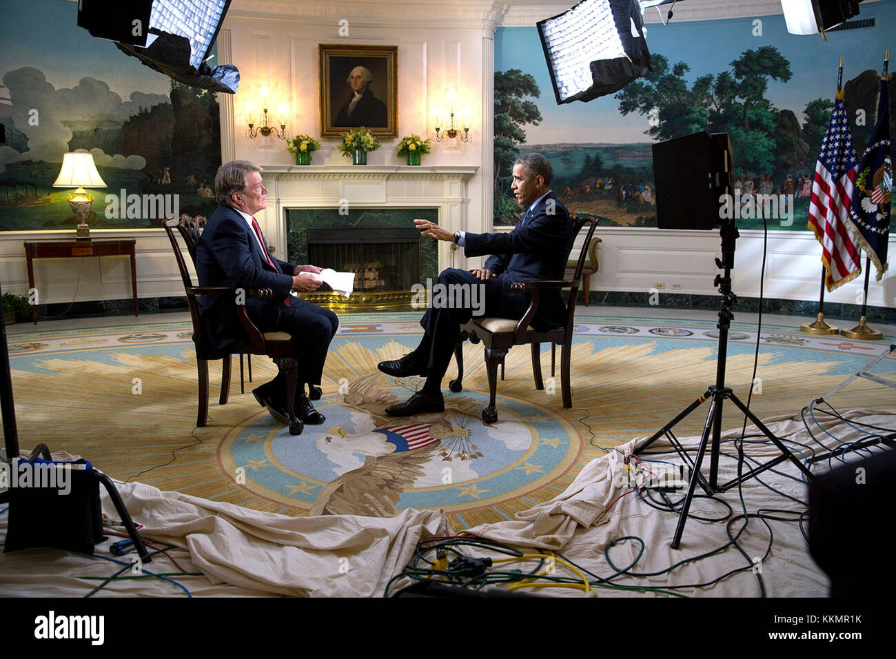 President Barack Obama participates in an interview with Steve Croft of 60 Minutes in the Diplomatic Reception Room of the White House, Sept. 26, 2014. Stock Photo