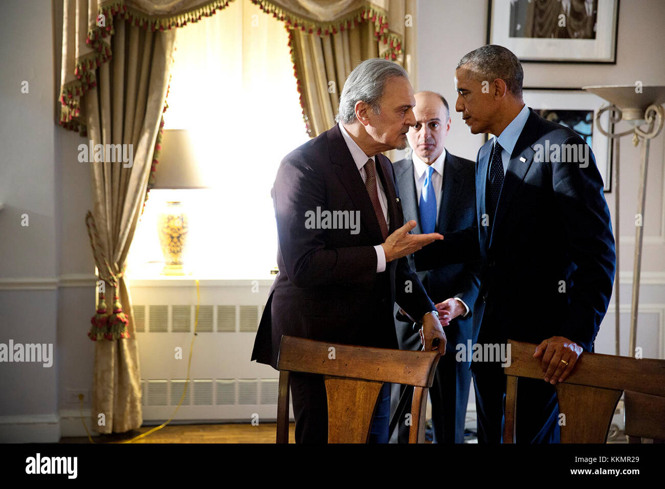 President Barack Obama speaks with Prince Saud Al-Faisal, Foreign Minister of Saudi Arabia following a meeting with Arab coalition leaders in the fight against the terrorist group ISIL in Iraq and Syria, at the Waldorf Astoria Hotel in New York, N.Y., Sept. 23, 2014. Stock Photo