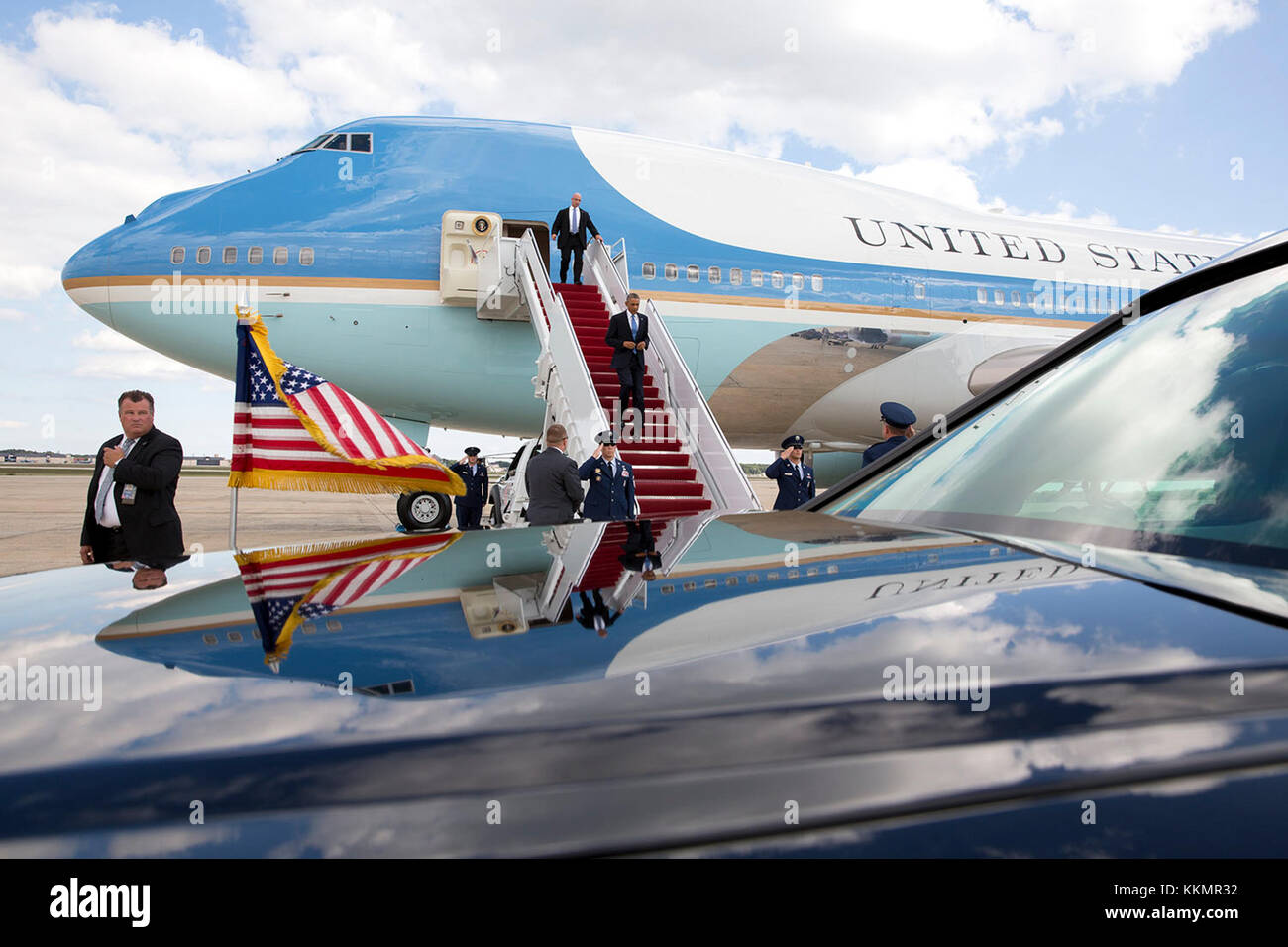 President Barack Obama disembarks Air Force One upon arrival at Joint Base Andrews, Md. following a trip to Tampa, Fla., Sept. 17, 2014. Stock Photo