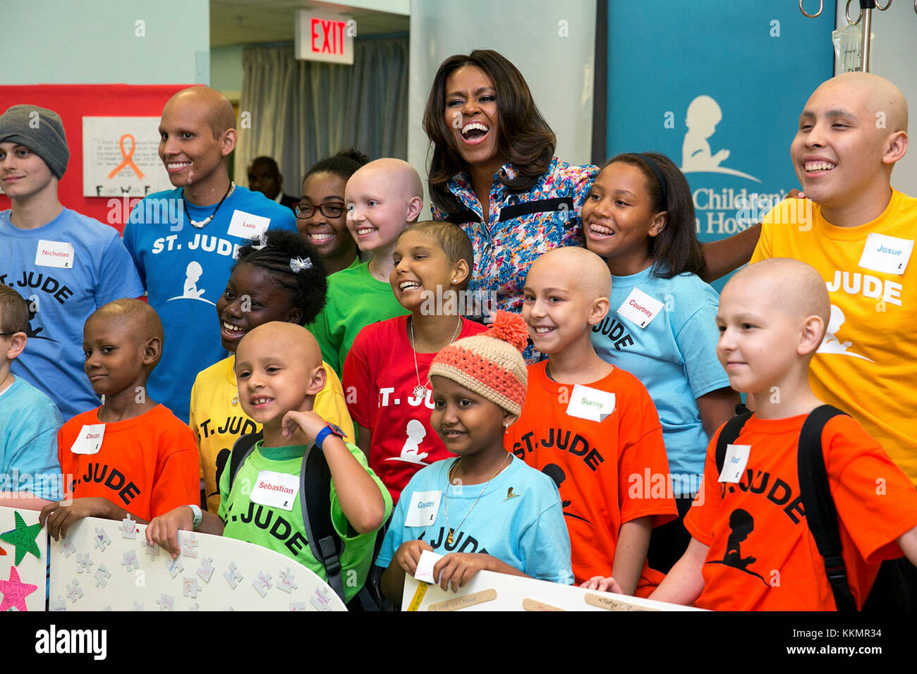 First Lady Michelle Obama joins children for a group photo during a visit to St. Jude Children's Research Hospital in Memphis, Tenn., Sept. 17, 2014. Stock Photo