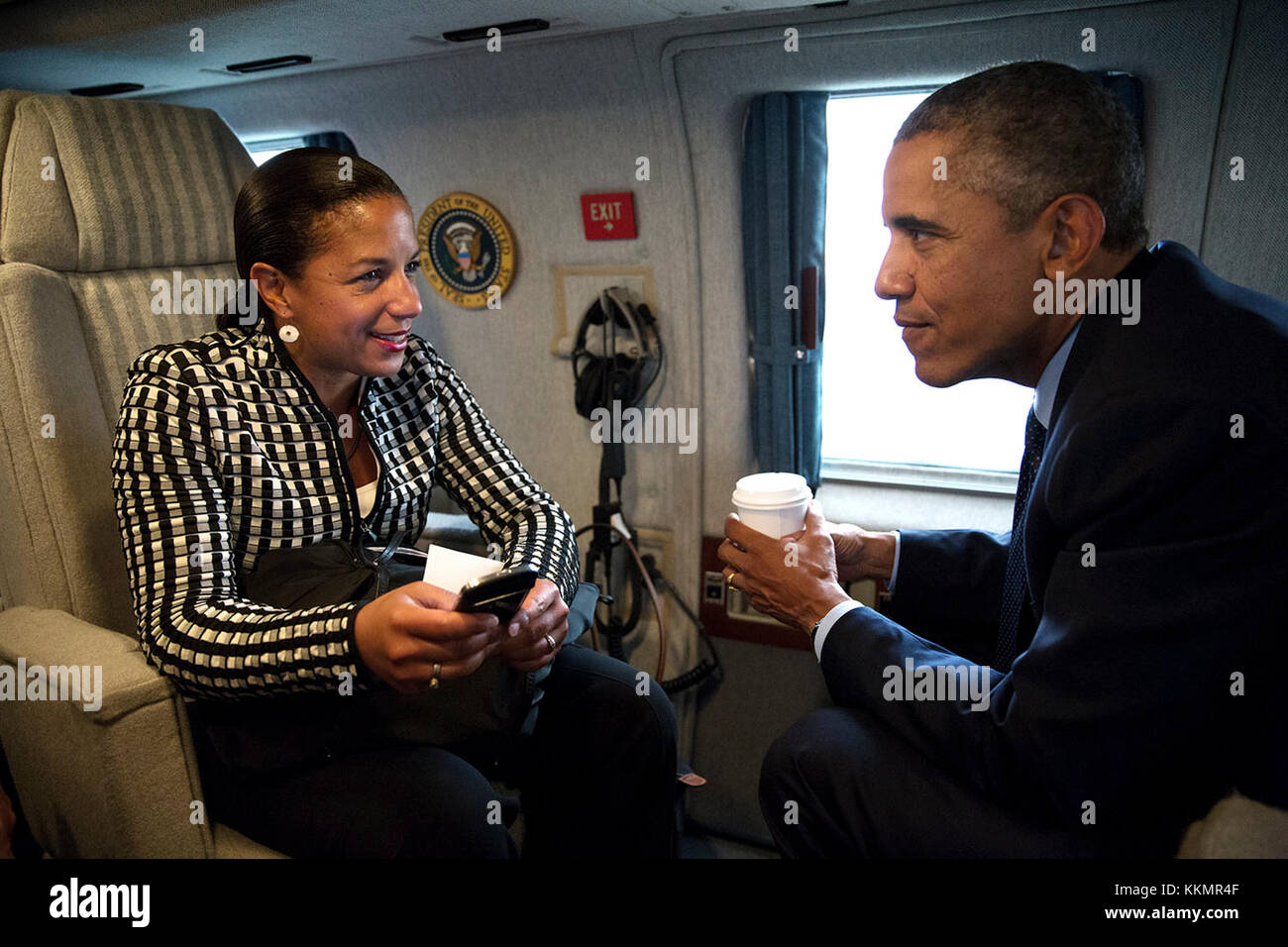 President Barack Obama talks with National Security Advisor Susan E. Rice aboard Marine One en route to Stonehenge in Wiltshire, England following the NATO Summit in Wales, Sept. 5, 2014. Stock Photo