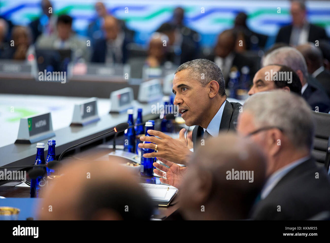 President Barack Obama delivers remarks during the U.S.-Africa Leaders Summit at the U.S. Department of State in Washington, D.C., Aug. 6, 2014. Stock Photo