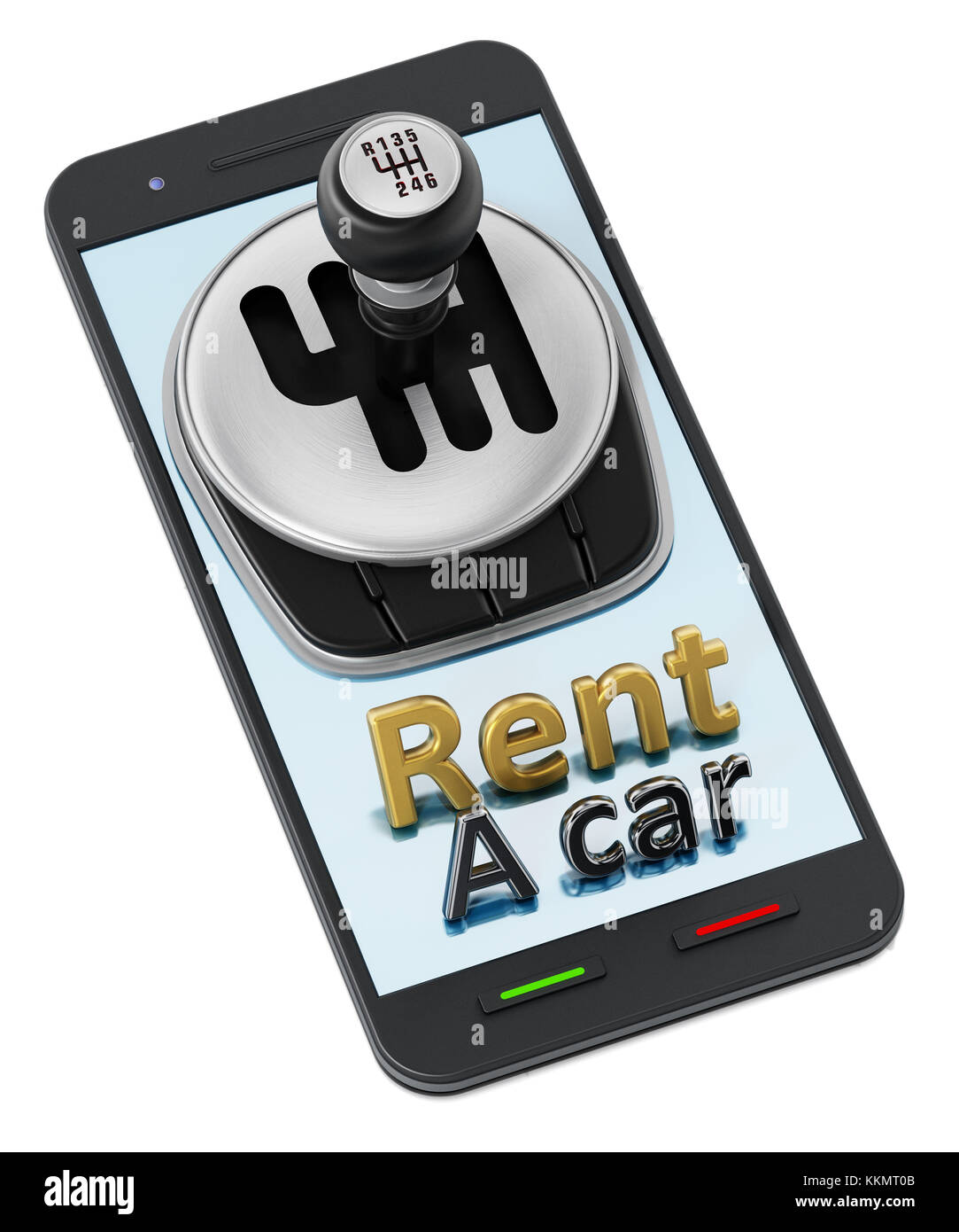Car manual transmission and rent a car text standing on smartphone. 3D illustration. Stock Photo