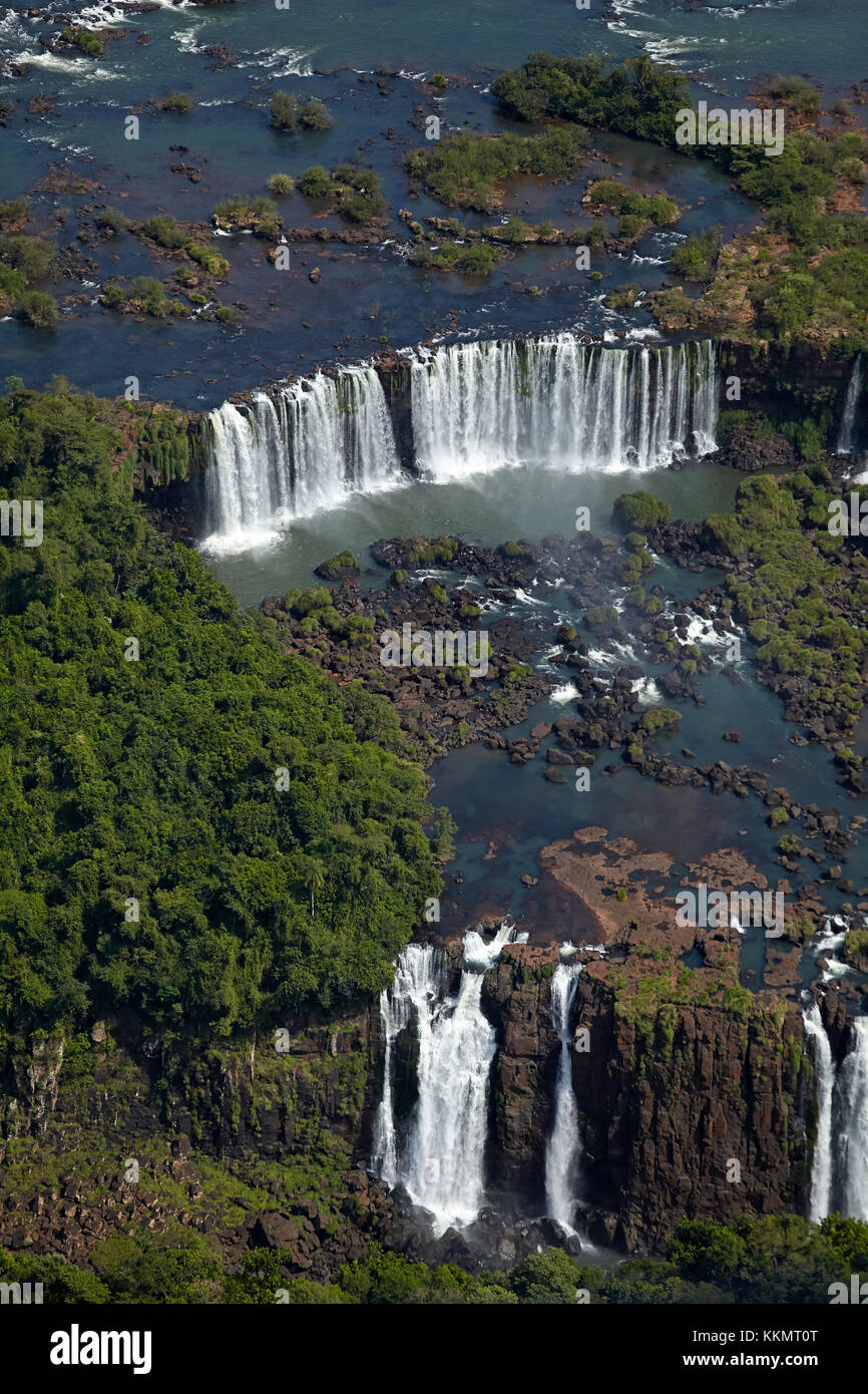 Argentinian side of Iguazu Falls, on Brazil - Argentina Border, South America - aerial Stock Photo