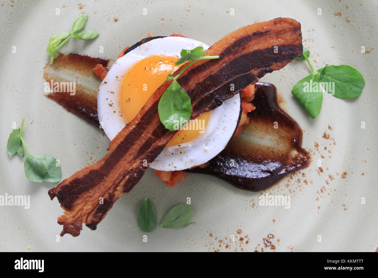Bacon Egg Black Pudding Baked Beans Plated Meal Stock Photo