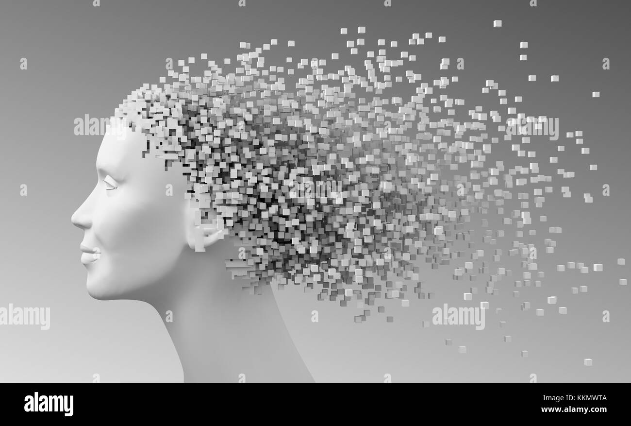 Head Of Woman And 3D Pixels As Hair. 3D Illustration. Stock Photo