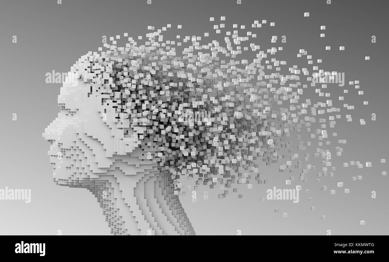 Pixelated Head Of Woman And 3D Pixels As Hair. 3D Illustration. Stock Photo