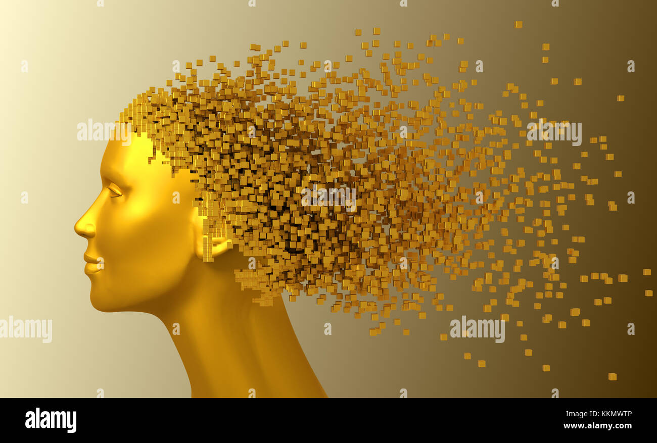 Gold Head Of Woman And 3D Pixels As Hair. 3D Illustration. Stock Photo