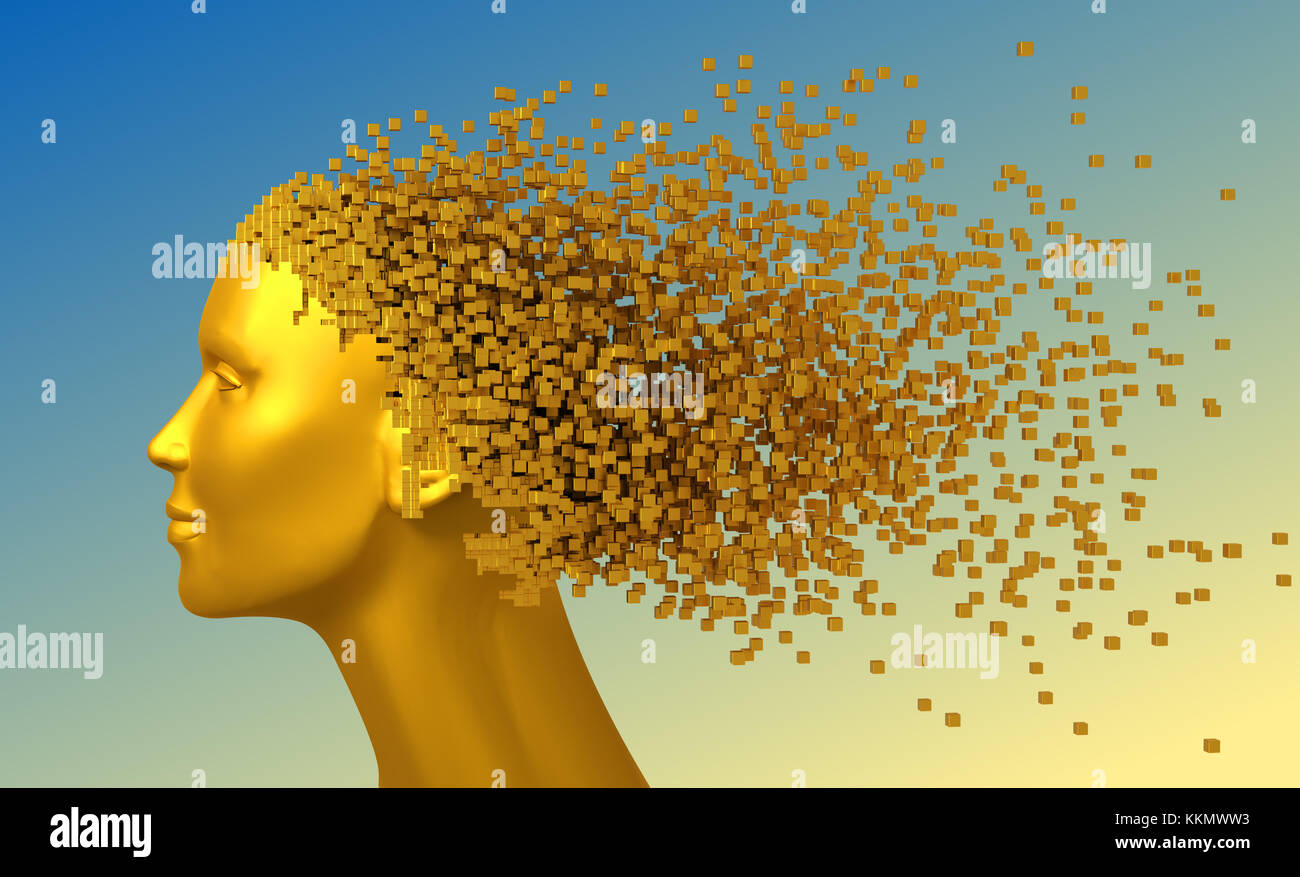 Gold Head Of Woman And 3D Pixels As Hair On Blue Background. 3D Illustration. Stock Photo