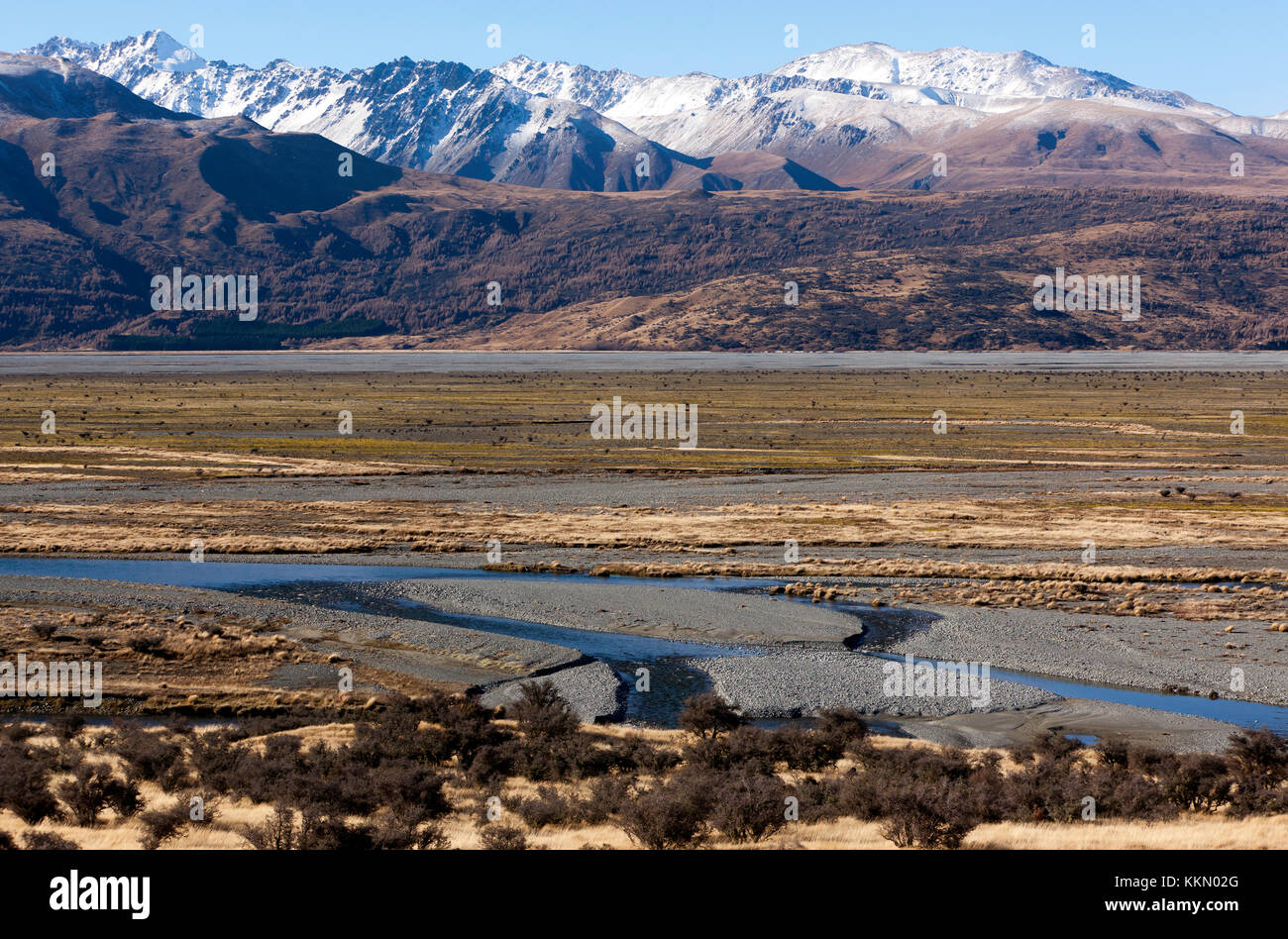 View of the Tasman River flowing through the wide flat-bottomed Tasman Valley in the Southern Alps, South Island,  New Zealand Stock Photo