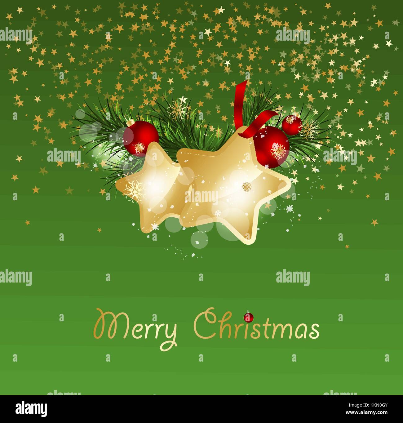 Christmas background with fir branches and gold stars with decorations ...
