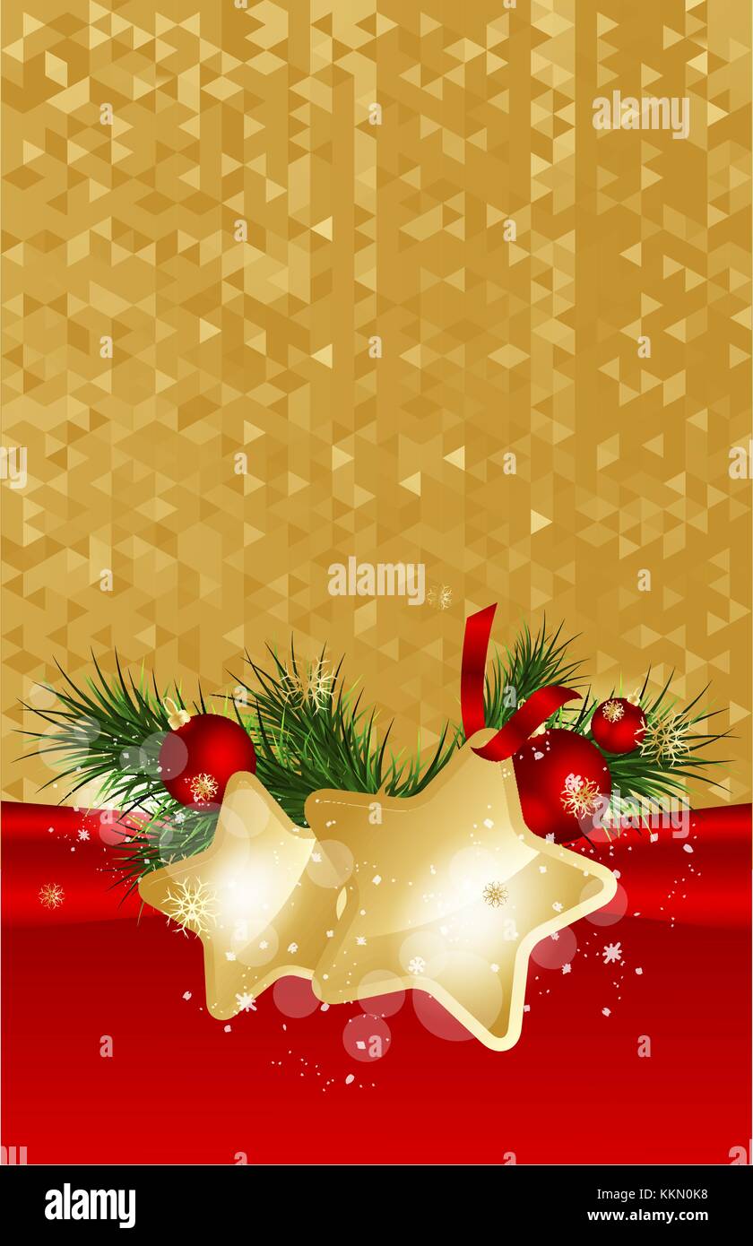 Christmas background with fir branches and gold stars with decorations ...