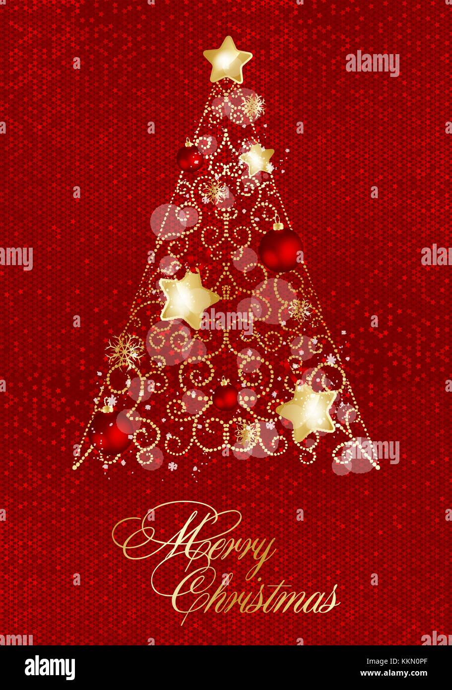 Decorated christmas tree with star, lights, decoration balls. Merry Christmas and a happy new year. Stock Vector