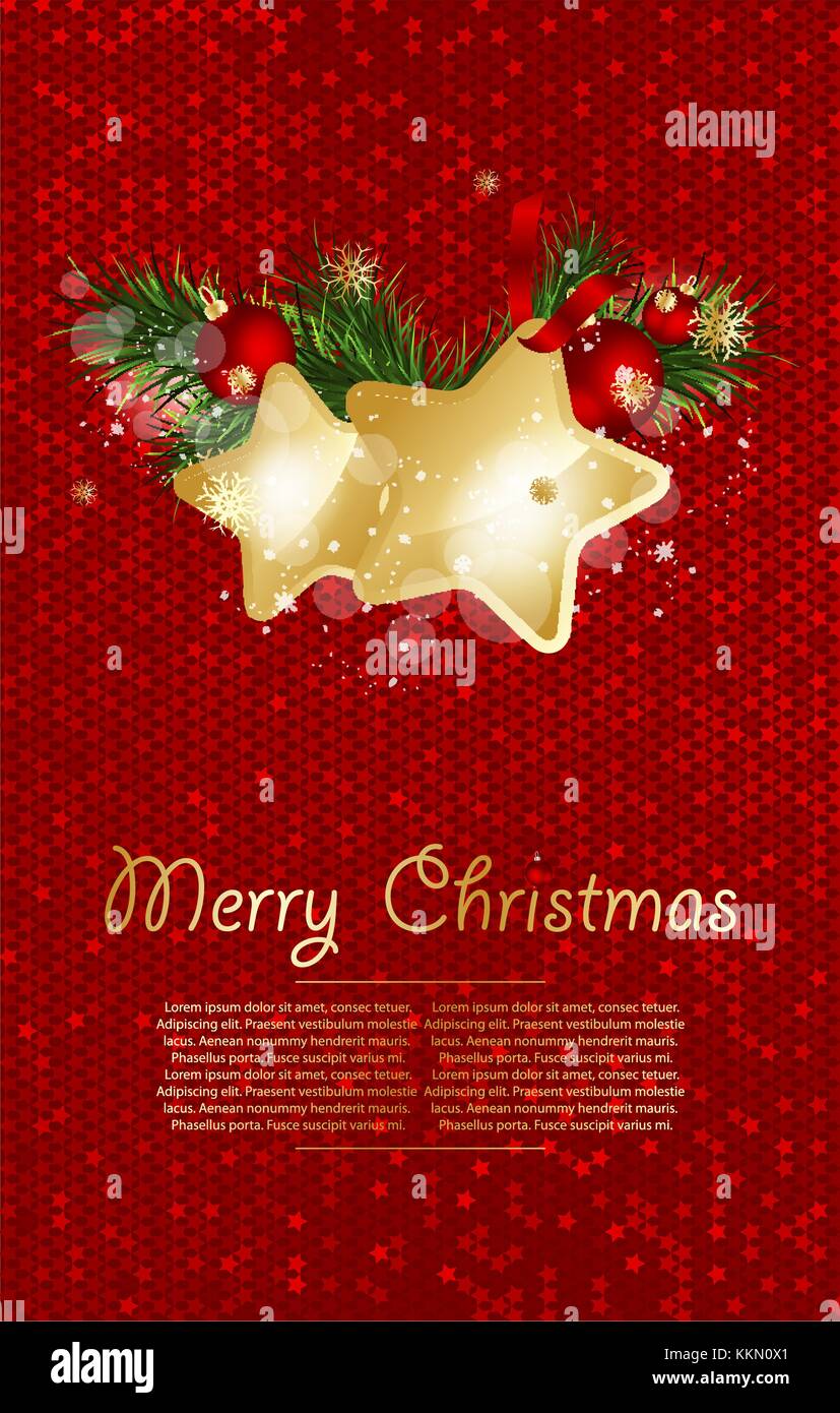 Christmas background with fir branches and gold stars with decorations ...