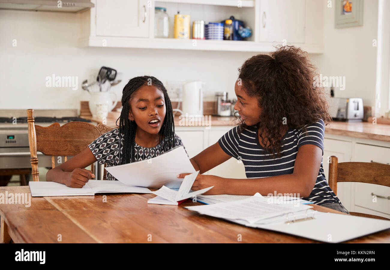 Two Sisters Sitting At Table In Kitchen Doing Homework Stock Photo Alamy