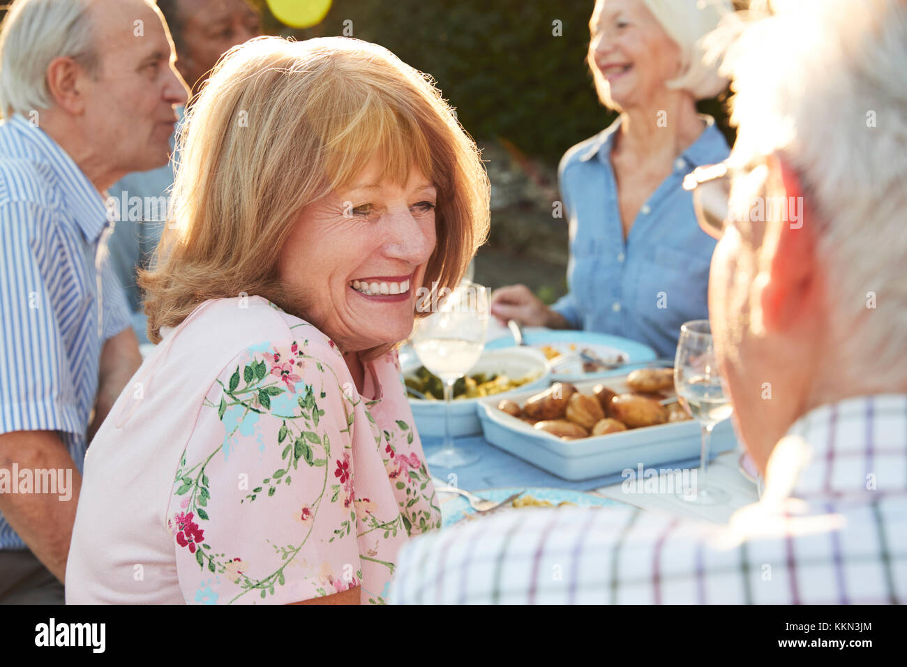 Group Of Senior Friends Enjoying Outdoor Dinner Party At Home Stock Photo