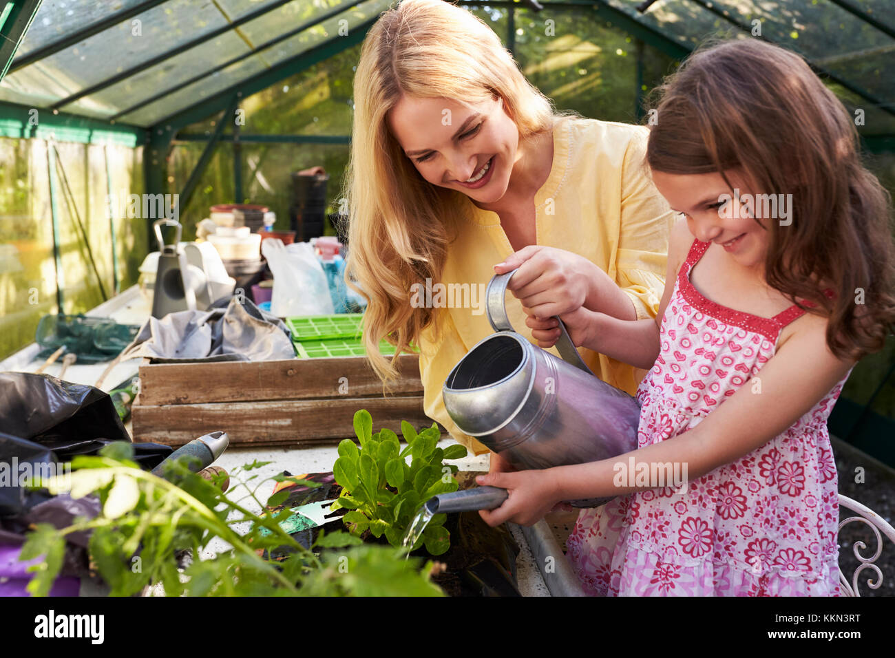 Mother And Daughter Watering Hanging Basket In Greenhouse Stock Photo