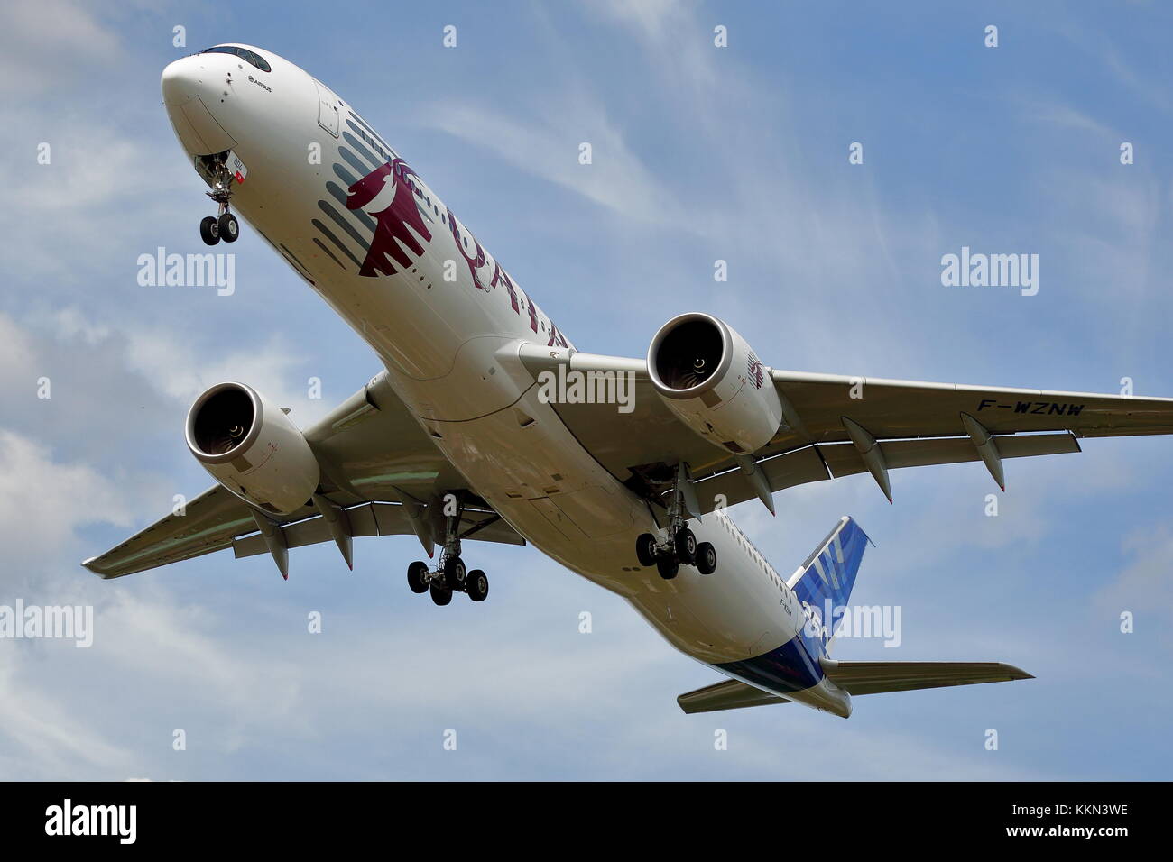 Qatar Airbus A350 XWB F-WZNW demonstrated at the Farnborough Airshow 2014 Stock Photo
