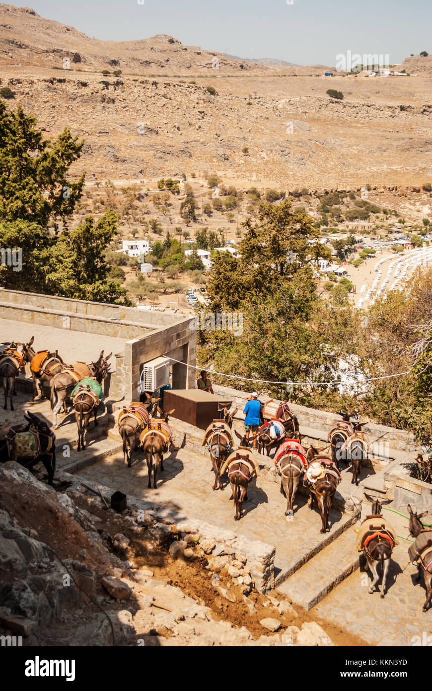 Lindos, Greece - September 10, 2016: Beautiful donkeys called Taxi on the steep Lindos Acropolis Mountain, Rhodes Island, Greece Stock Photo