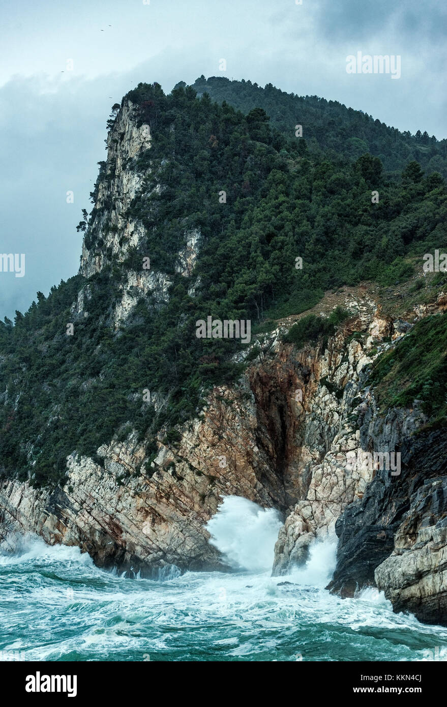 Rough sea and rugged Ligurian coast, Italy. Stock Photo