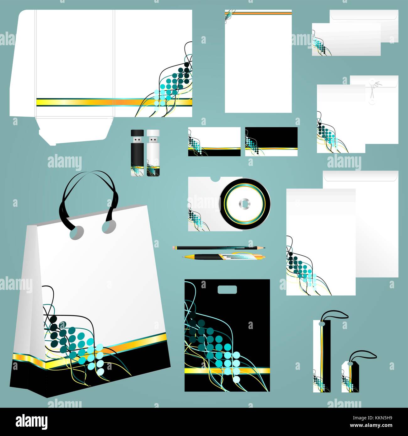 Stationery design in green, black and gold Stock Vector