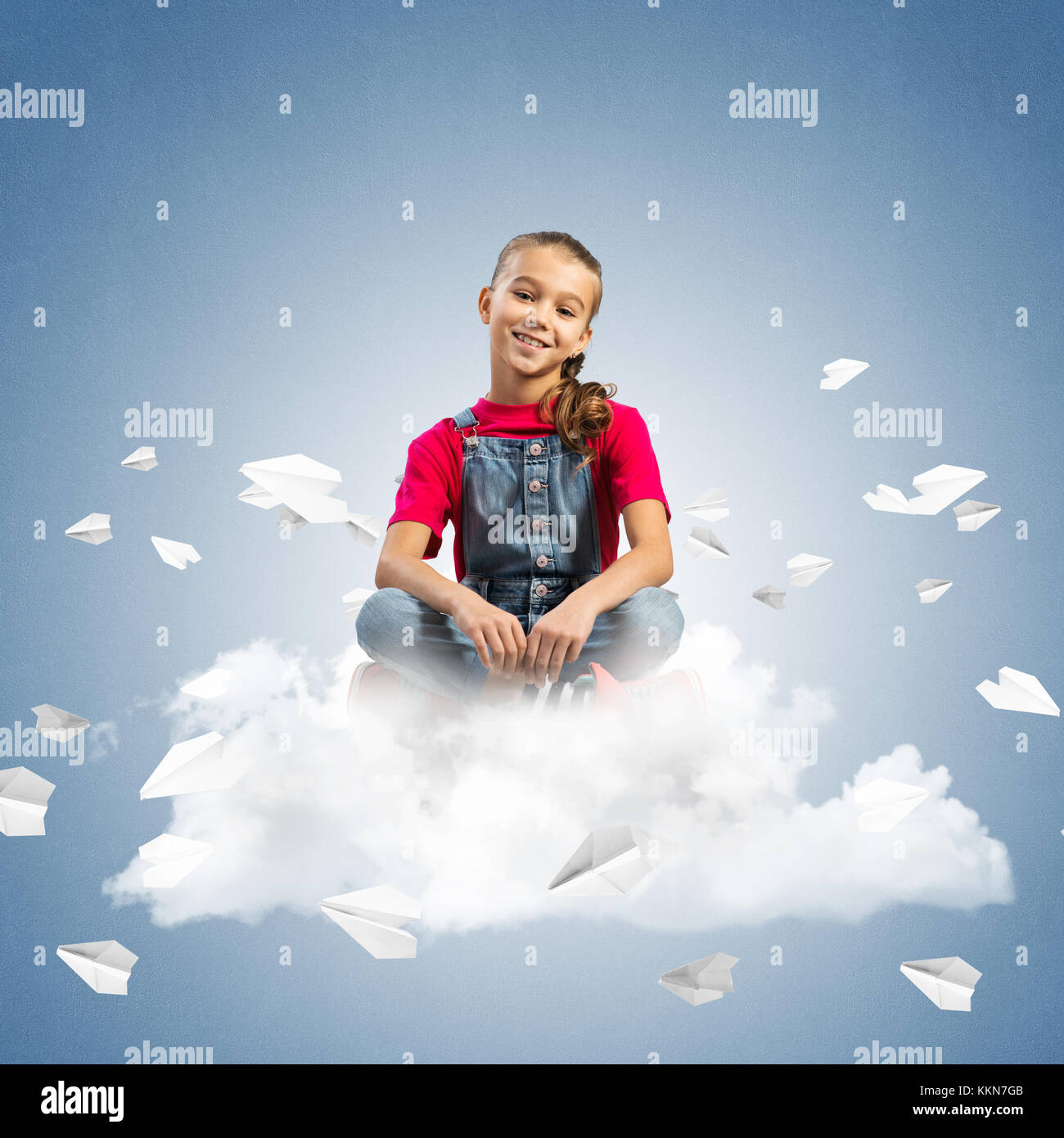 Cute kid girl sitting on cloud and paper planes flying around Stock ...