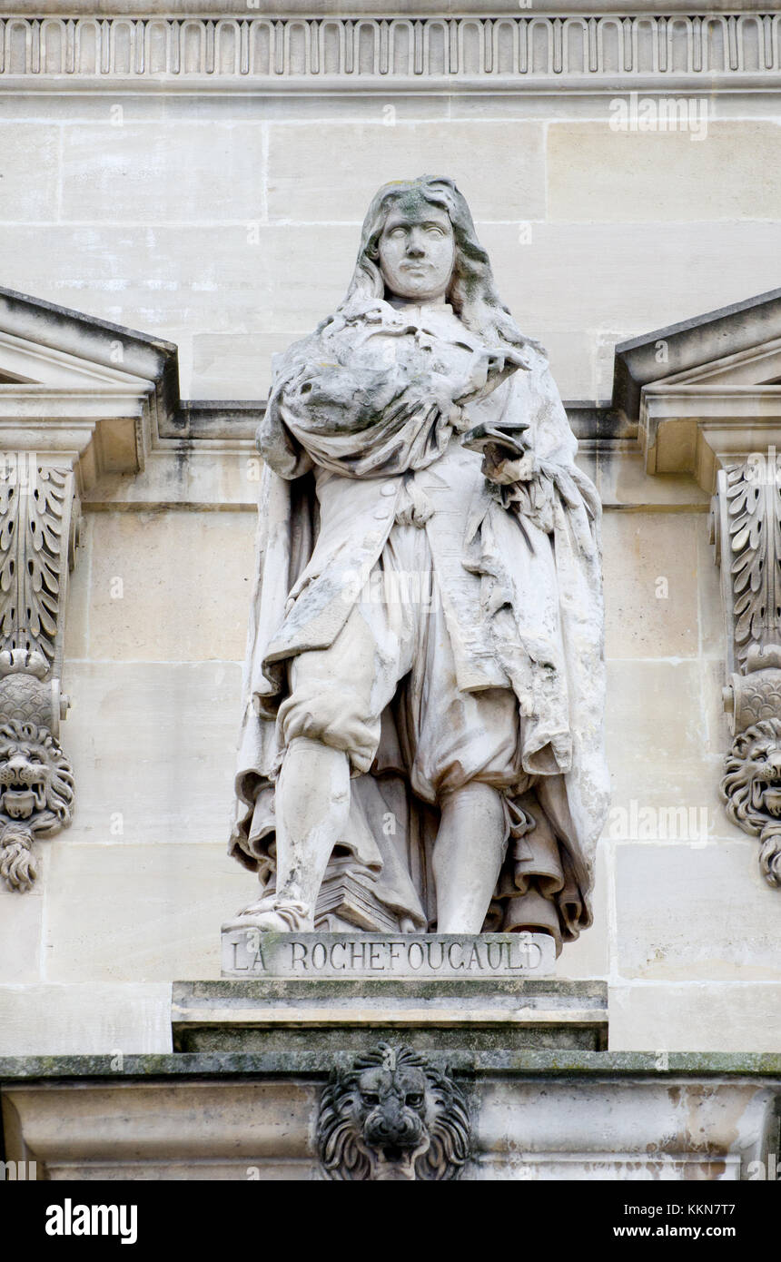 Paris, France. Palais du Louvre. Statue in the Cour Napoleon: François VI, Duc de La Rochefoucauld (1613 – 1680) French author of maxims and memoirs. Stock Photo