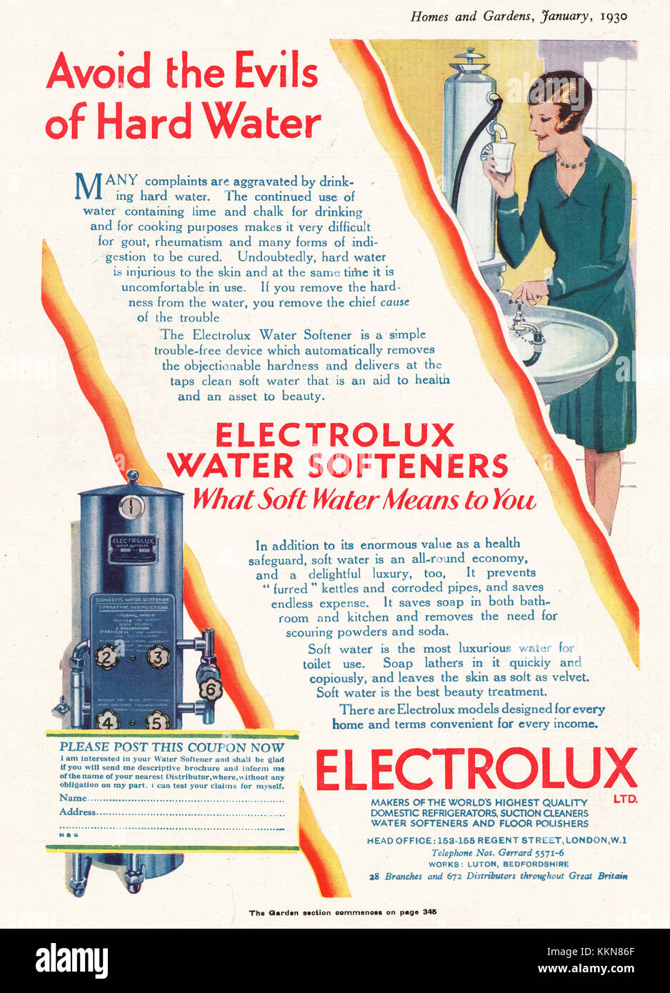 1930 UK Magazine Electrolux Water Softener Ad Stock Photo