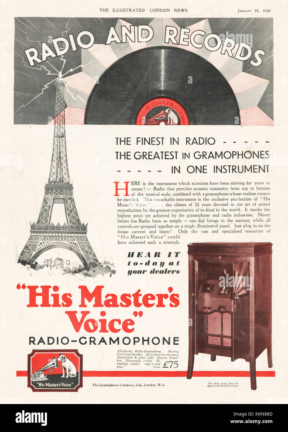 1930 UK Magazine His Master's Voice Radio & Gramaphone Ad Stock Photo