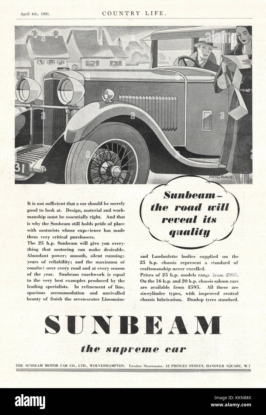 1931 UK Magazine Sunbeam Car Advert Stock Photo