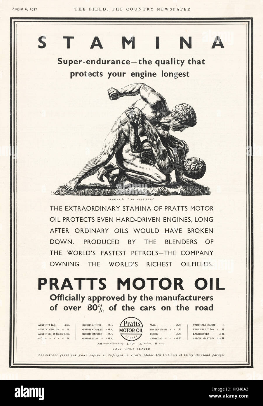 1932 UK Magazine Pratt's Motor Oil Advert Stock Photo